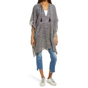 Treasure & Bond Twill Weave Poncho OS Fringed Edges Tassel Ties V-Neck